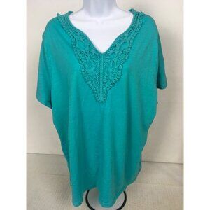Faded Glory Top Women Size 3X 22W 24W Blue with Crochet Neckline Short Sleeves